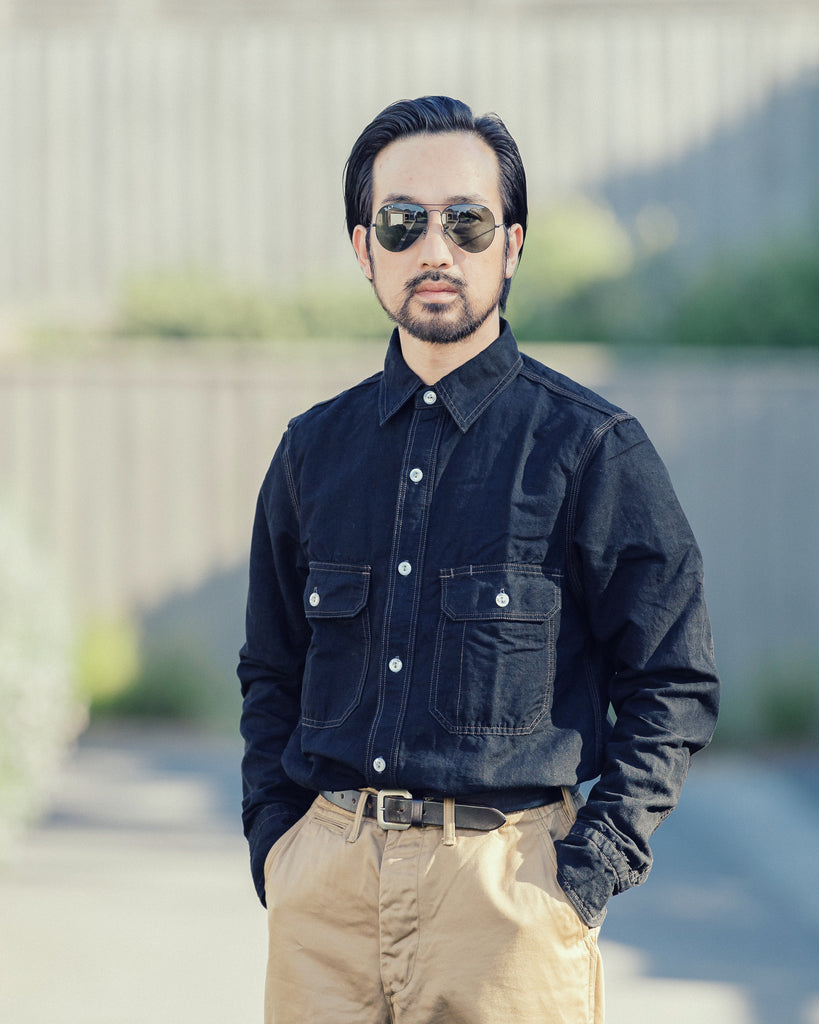 FREEWHEELERS 7OZ "FOREMAN" COTTON/LINEN CHAMBRAY SHIRT (BLACK)