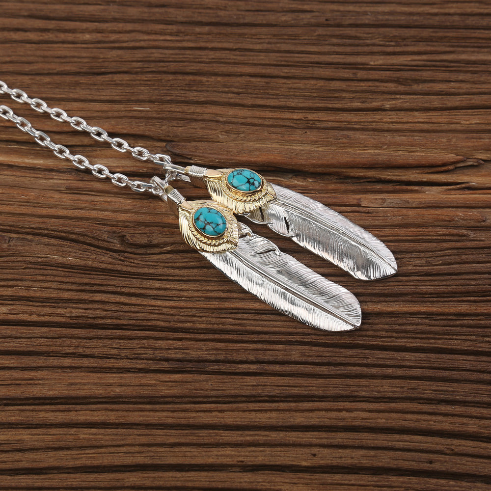 First Arrow’s Large Feather Silver Pendant with 18k Heart Feather & Turquoise