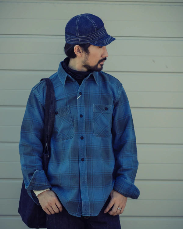 STUDIO D'ARTISAN 12OZ INDIGO DYED HEAVYWEIGHT FLANNEL WORKSHIRT