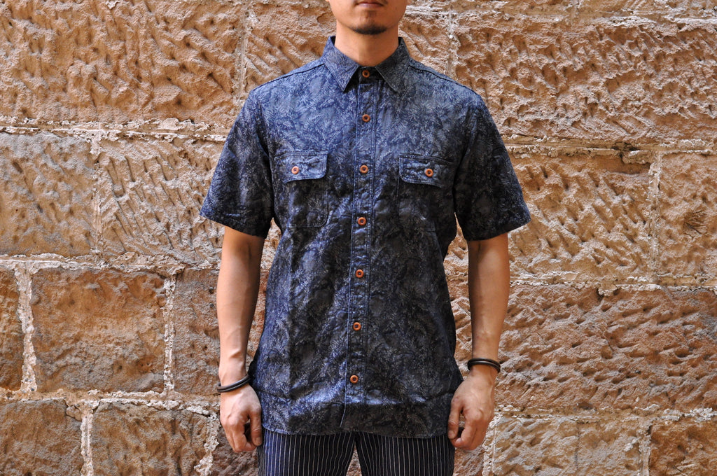 MOMOTARO INDIGO JACQUARD ‘FERNS’ S/S WORK SHIRT