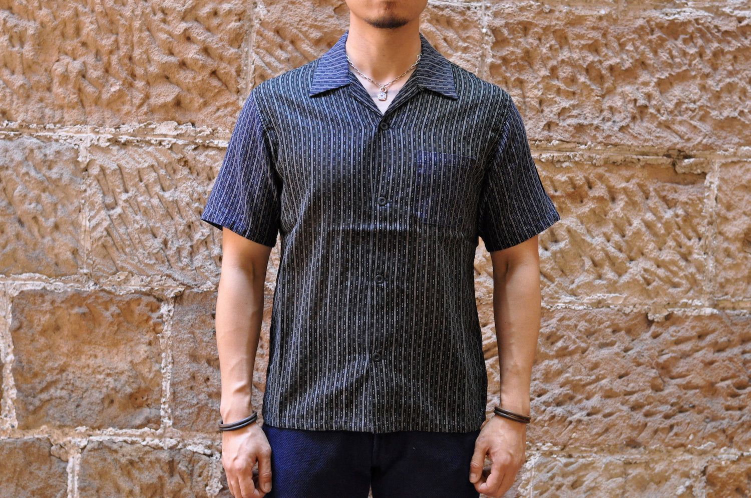 MOMOTARO 'COMBO' STRIPED COTTON/LINEN S/S SHIRT (INDIGO X BLACK)