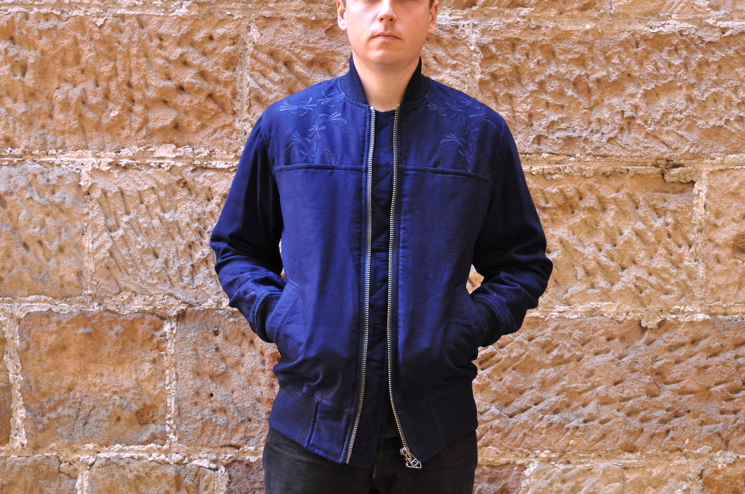 BLUE BLUE JAPAN INDIGO DYED ‘NOSHI’ BOMBER JACKET