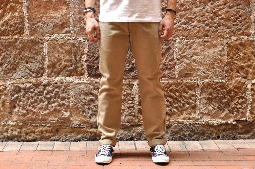 PURE BLUE JAPAN X CORLECTION 12OZ 'WOOD GRAIN' SLIM CHINOS (BEIGE X NAVY)