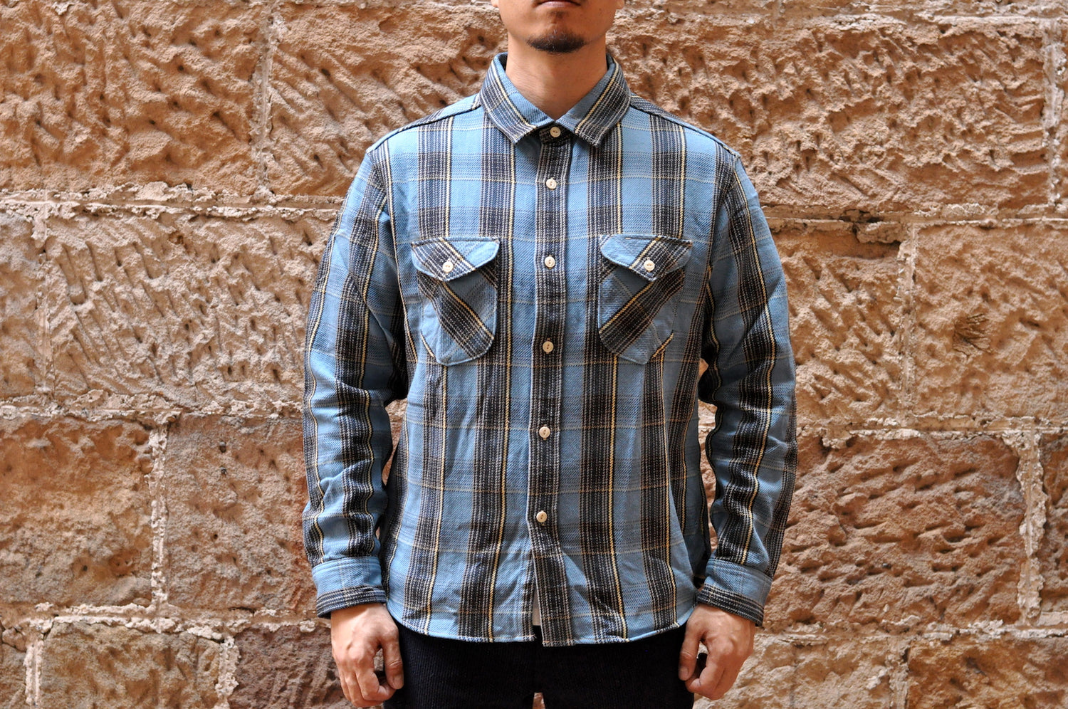 UES 14OZ HEAVY CHECK FLANNEL SHIRT (SAXON BLUE)