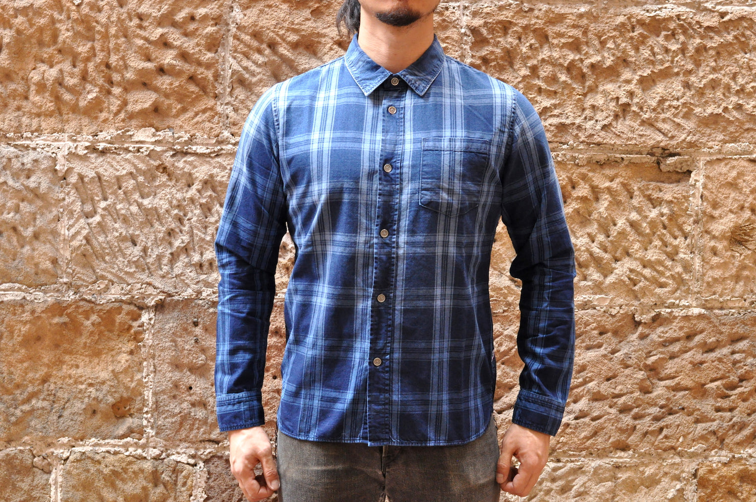 PURE BLUE JAPAN 8OZ INDIGO ‘SUNBURNT’ CHECK SHIRT