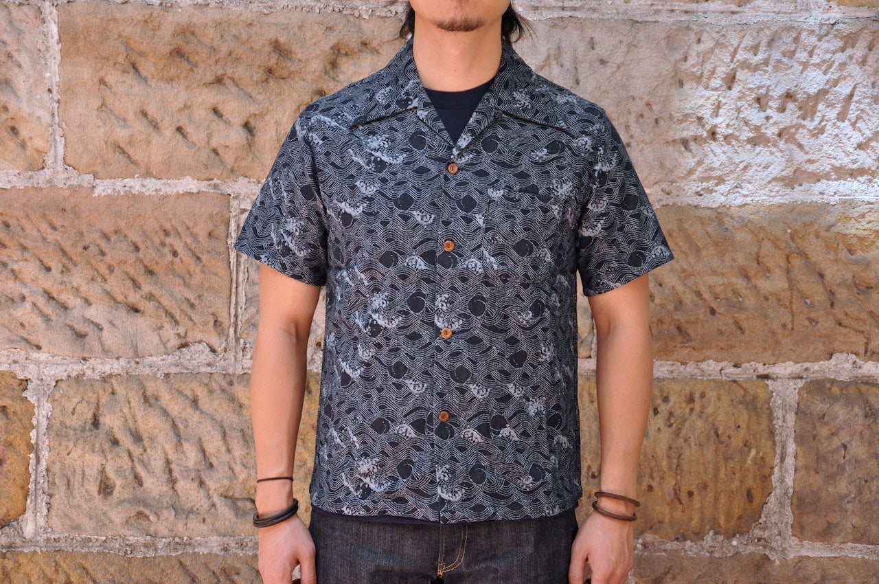 Momotaro 10oz Indigo ‘Peach Wave' Jacquard S/S Hawaii Shirt