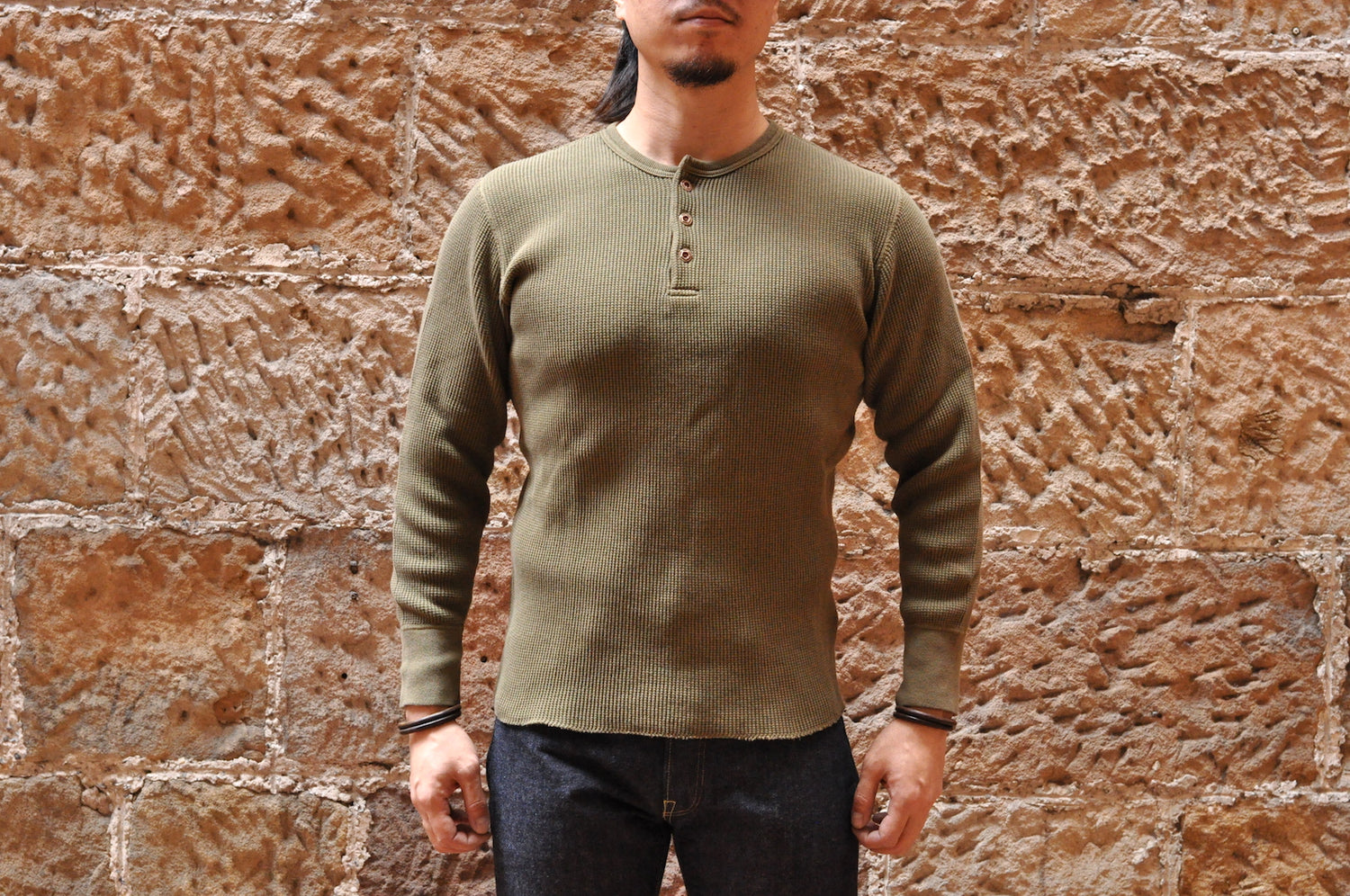 STUDIO D'ARTISAN 11OZ ULTRA HEAVY HENLEY THERMAL (OLIVE)