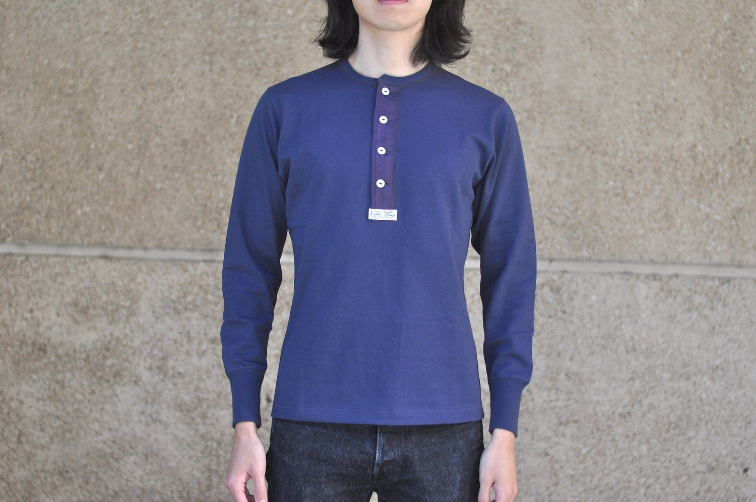 Freewheelers Heavyweight Henley Necked Long Sleeve Shirt (Dry Navy)