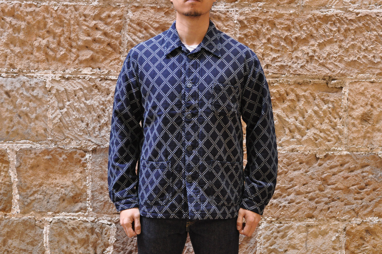 MOMOTARO INDIGO JACQUARD SASHIKO FRENCH WORK JACKET