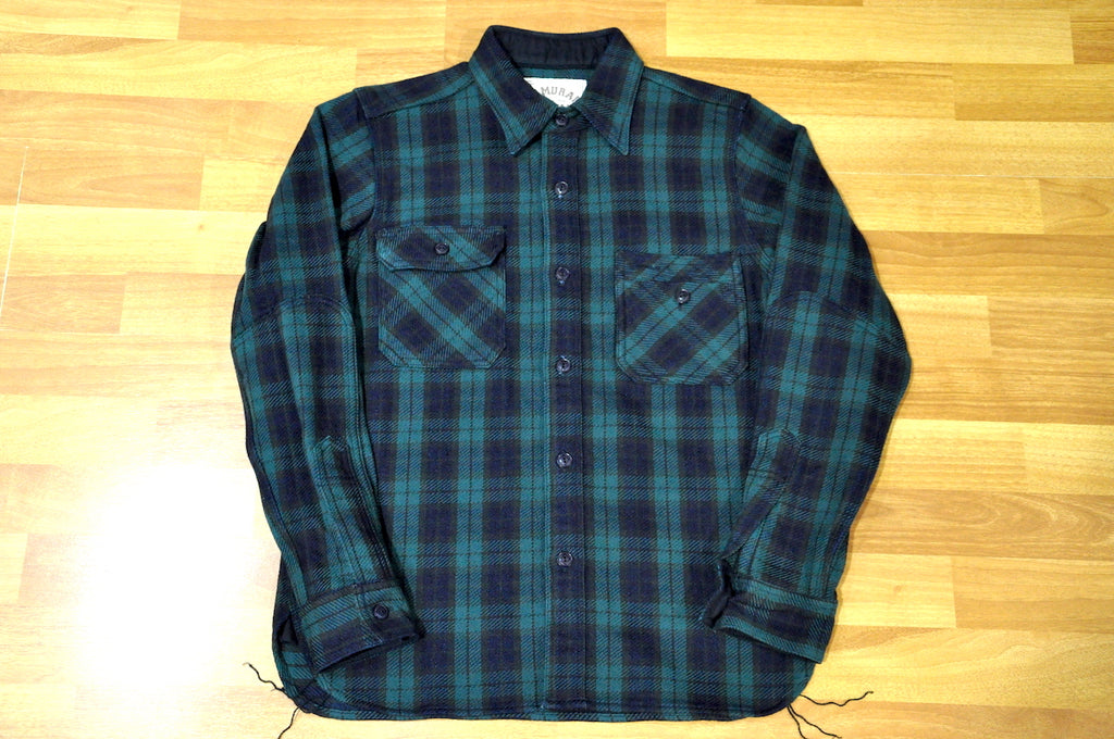 Samurai 12oz Heavy Flannel Early Work Shirt (Indigo X Green)