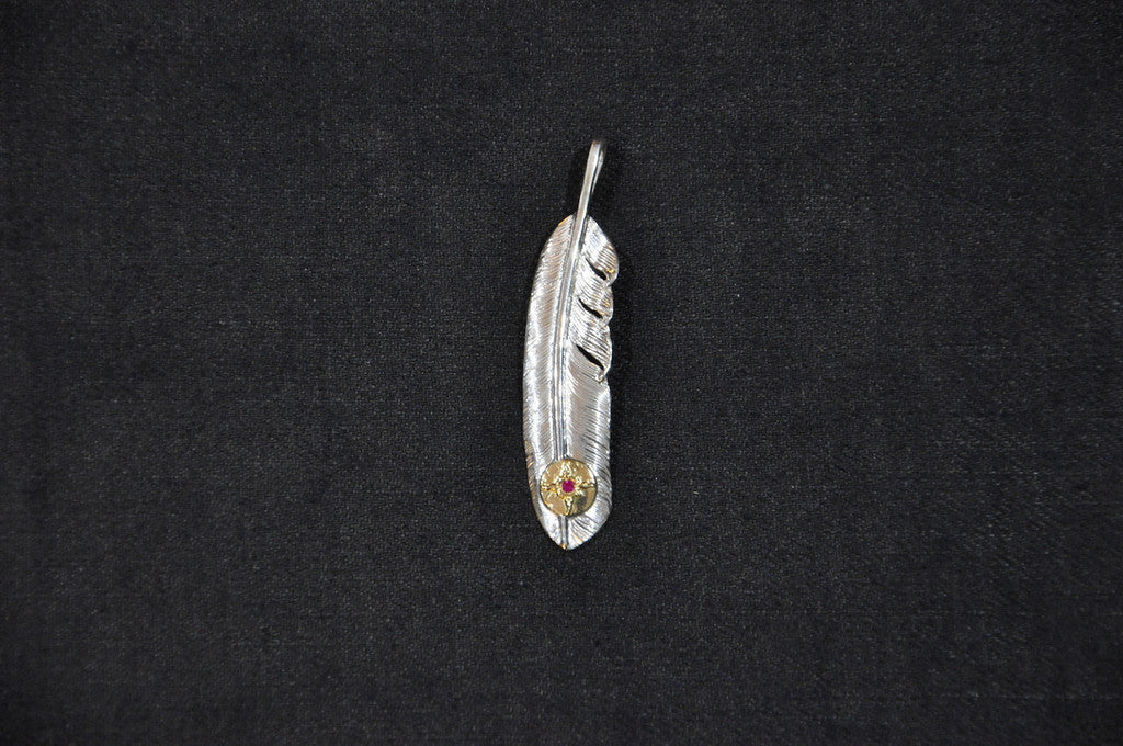 First Arrow's 18K Sunburst With Ruby Large Feather Pendant (P-002J)