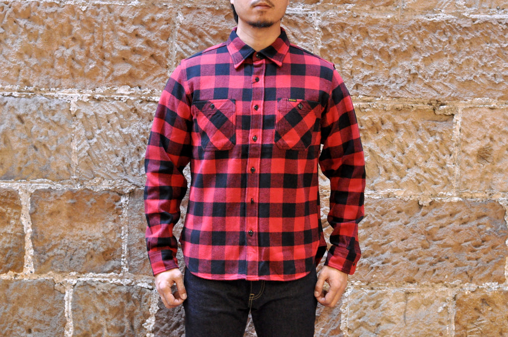 IRON HEART 14OZ ULTRA HEAVY FLANNEL CHECK WORK SHIRT (RED X BLACK)