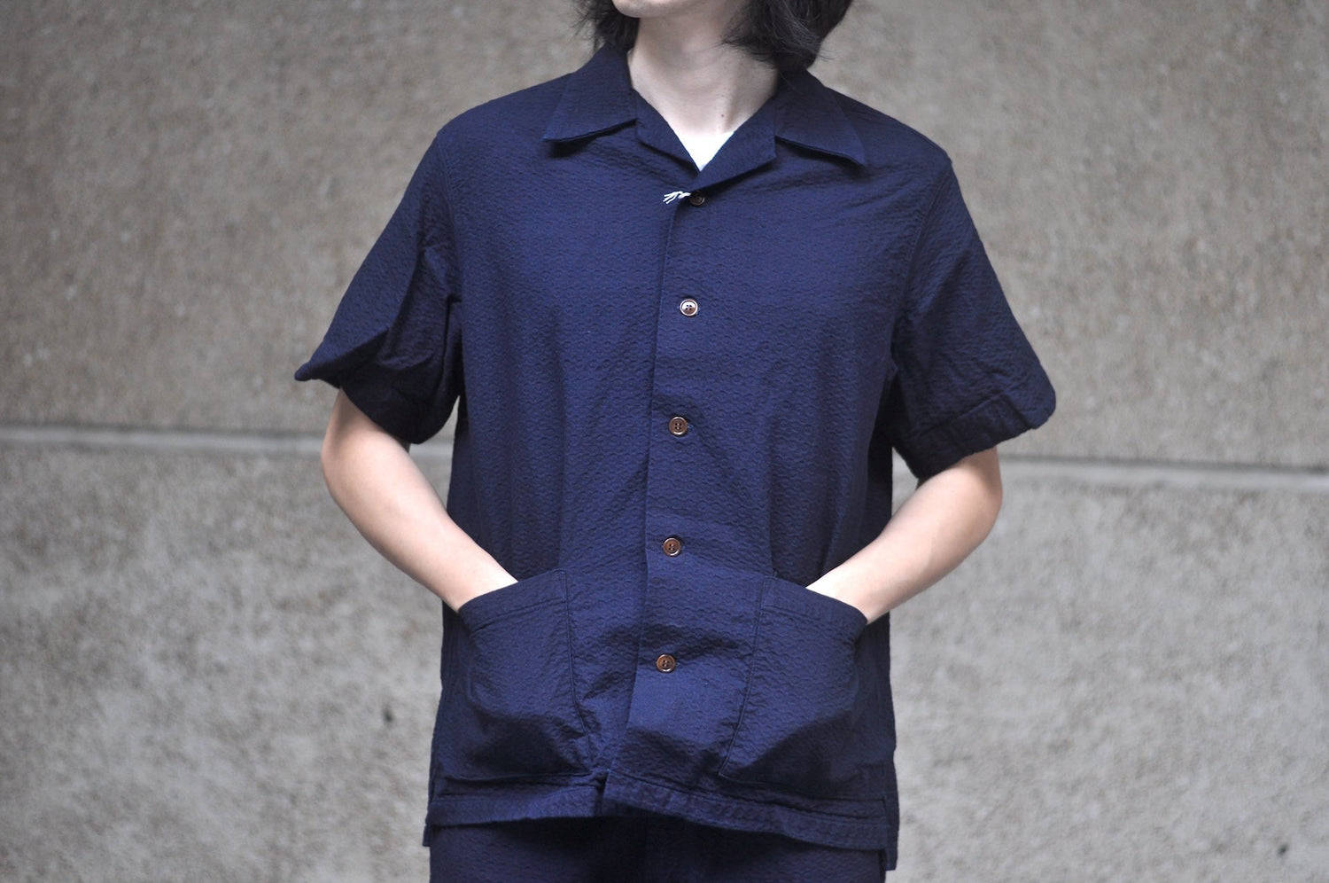 Studio D'Artisan Indigo Dyed Double-Layered Dobby S/S Open Collar Shirt