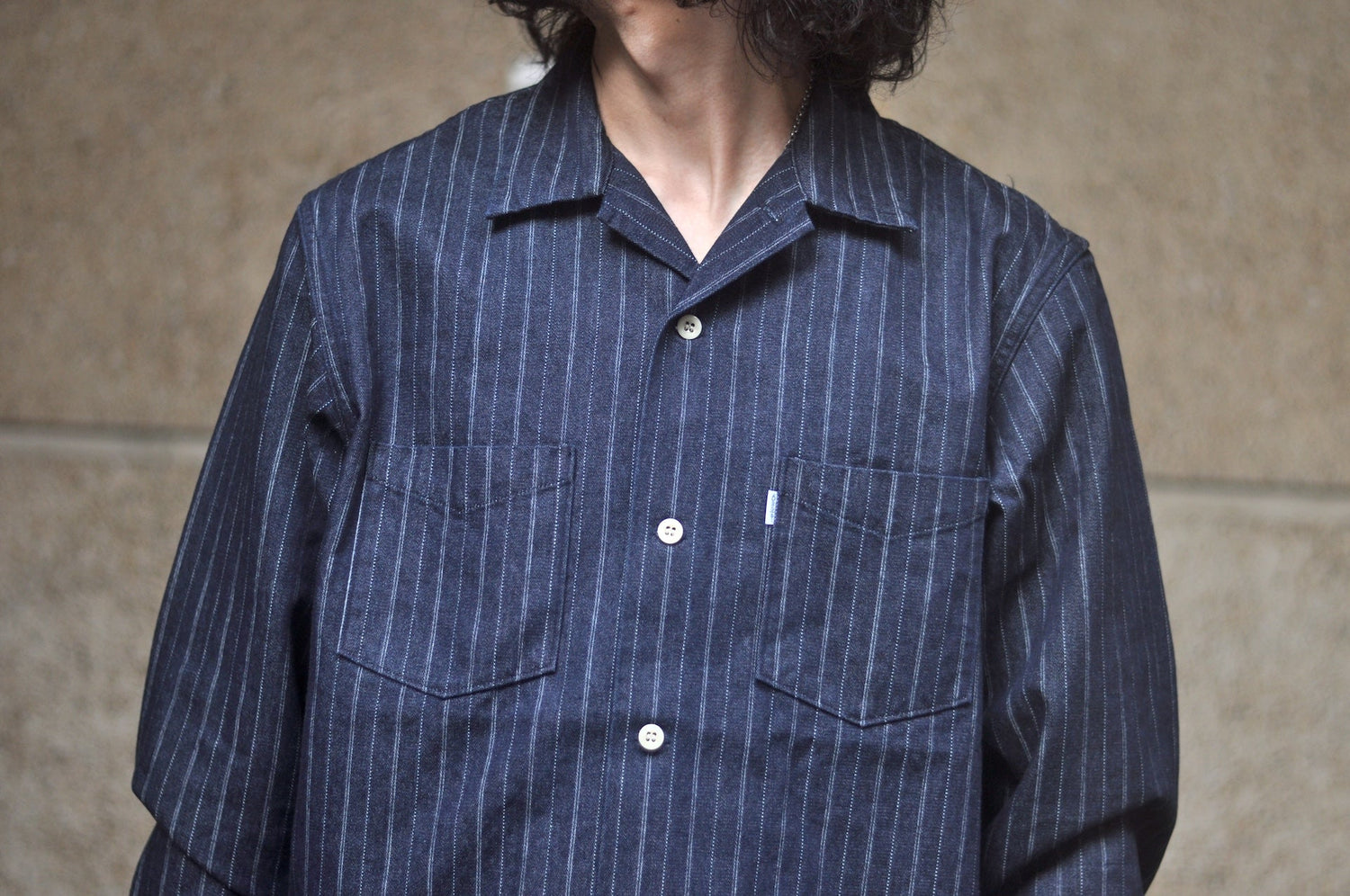 Omoto Denim 8oz Indigo Dyed Striped Denim Open Collar Workshirt
