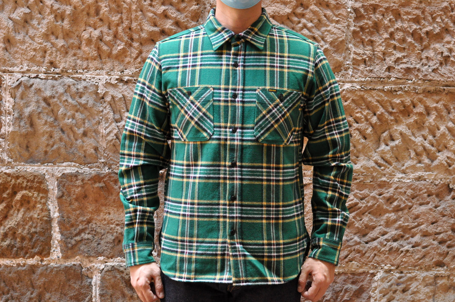 IRON HEART 14OZ ULTRA-HEAVY TARTAN CHECK FLANNEL WORKSHIRT (GREEN)