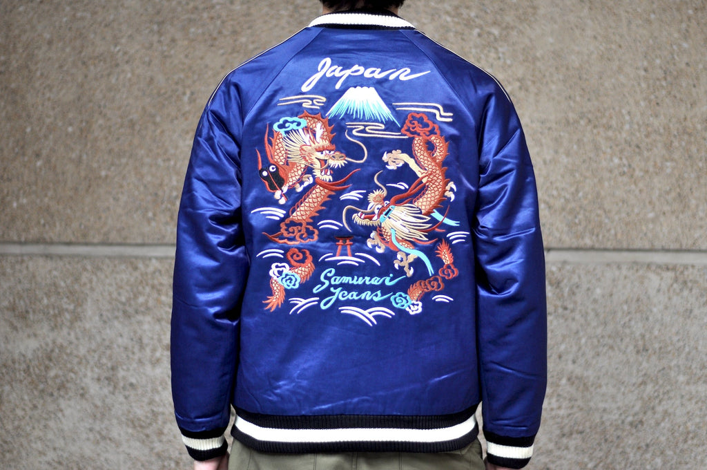 Samurai Indigo-Dyed Rayon/Cotton Satin "Dragon" Sukajan Jacket