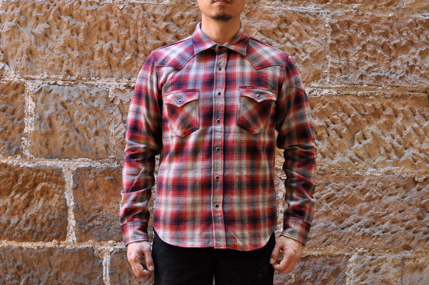 IRON HEART 14OZ ULTRA-HEAVY CLASSIC CHECK FLANNEL WESTERN SHIRT (MAROON)