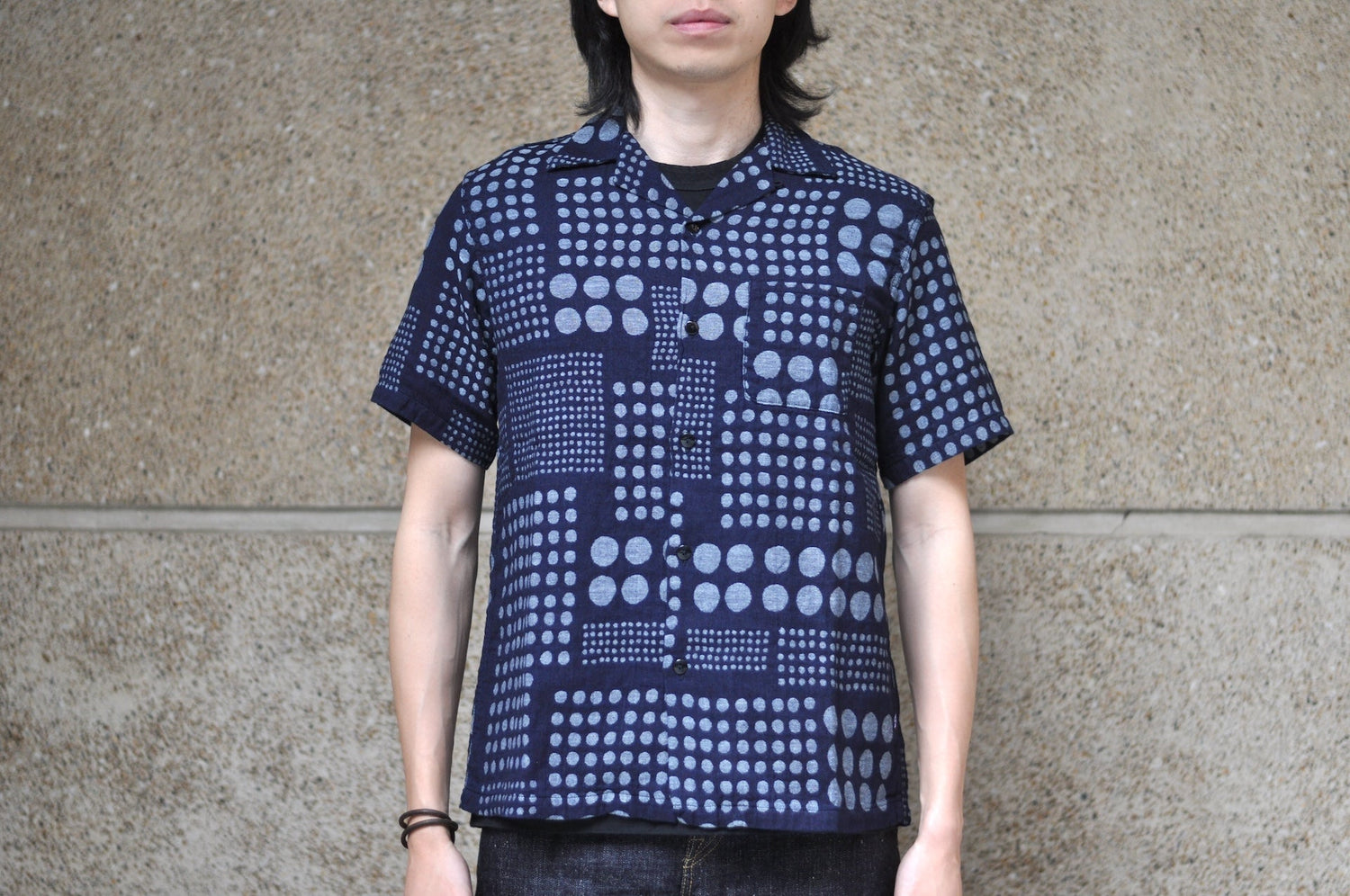 Pure Blue Japan Indigo Dyed “Dimensional Dots” S/S Open Collar Shirt