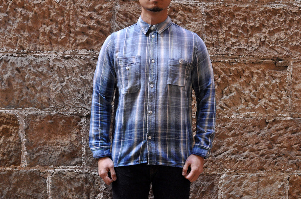 PURE BLUE JAPAN 8OZ INDIGO 'SUNBURNT' FLANNEL WORK SHIRT (INDIGO X GREEN)