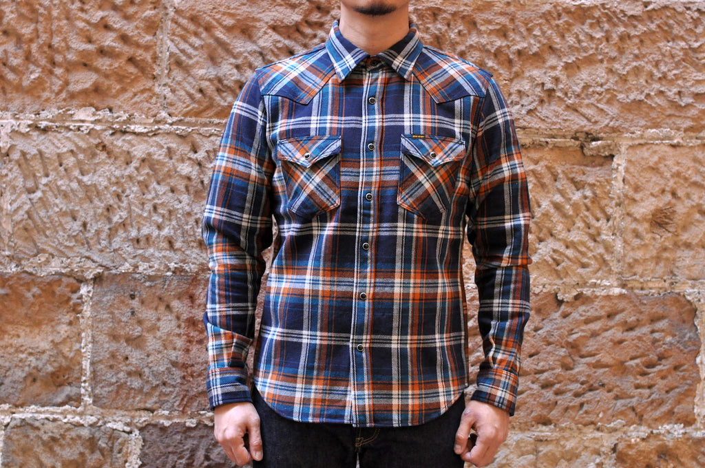 IRON HEART 14OZ ULTRA HEAVY FLANNEL CRAZY CHECK WESTERN SHIRT (NAVY)