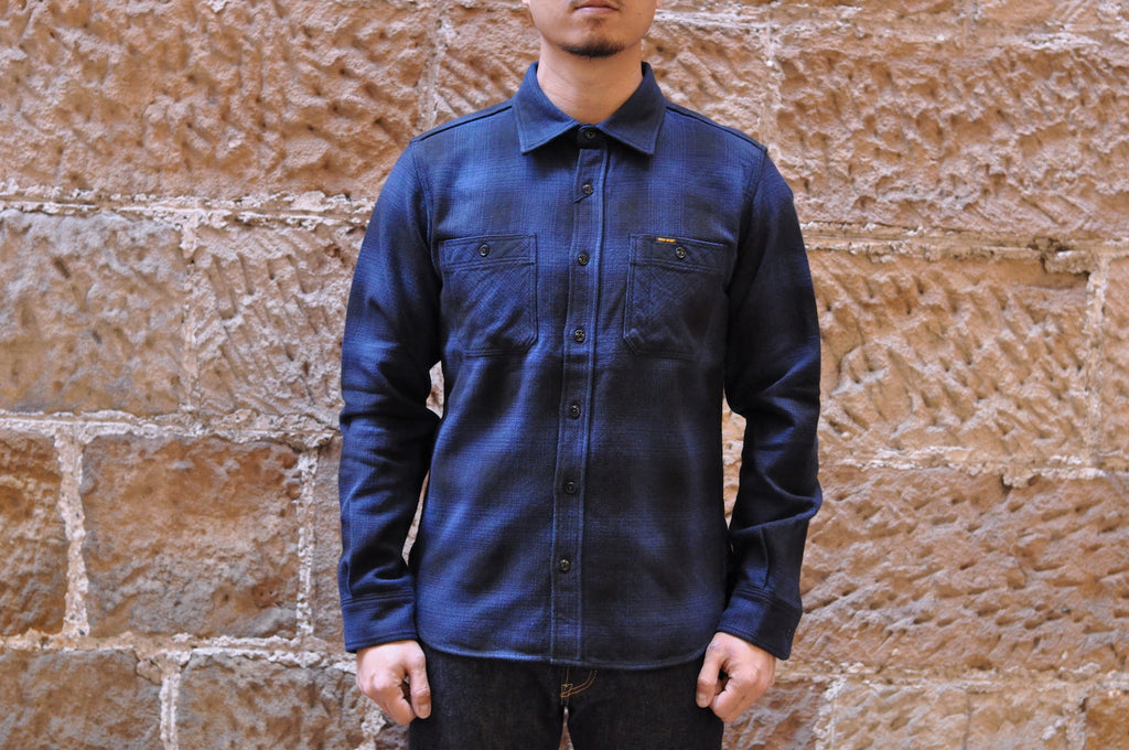 IRON HEART 14OZ ULTRA HEAVY FLANNEL CHECK WORK SHIRT (NAVY X BLACK)