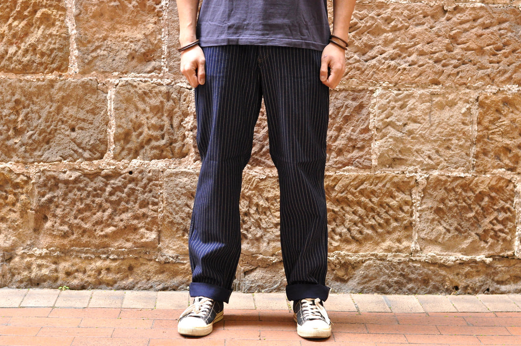 FREEWHEELERS "GOLDEN SPIKE" INDIGO WABASH TROUSERS (STRAIGHT TAPERED FIT)