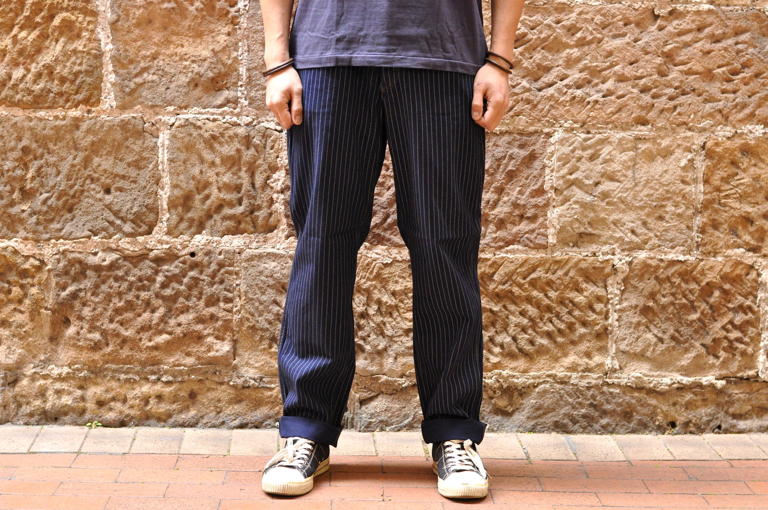 FREEWHEELERS "GOLDEN SPIKE" INDIGO WABASH TROUSERS (STRAIGHT TAPERED FIT)