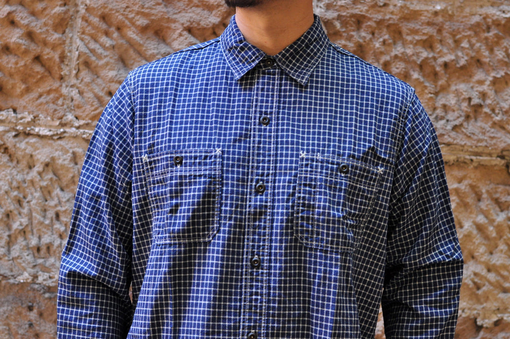 FREEWHEELERS INDIGO COTTON/LINEN "NEAL" CHECK SHIRT