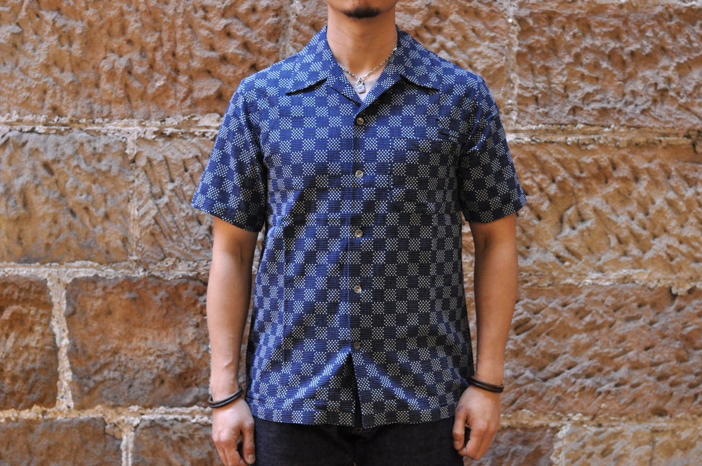 Samurai Indigo Sashiko Check Open Collar S/S Shirt