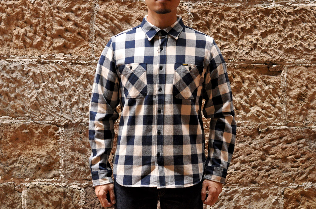 IRON HEART 14OZ ULTRA HEAVY FLANNEL WORK SHIRT (NAVY X IVORY)