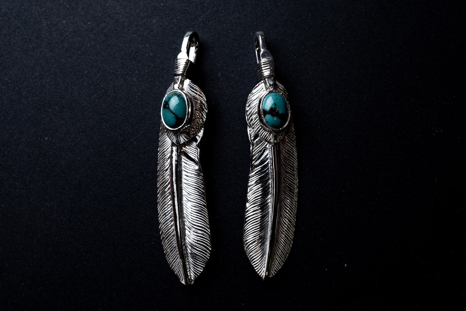 First Arrow's Medium Silver Heart-Feather Pendant With Turquoise (P-516)