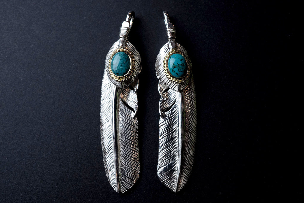 First Arrow's Large Silver Feather Pendant With Turquoise & 18K Gold Bezel (P-602)