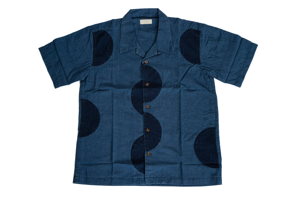 Maru Sankaku Peke by SDA Indigo “Rising Sun” S/S Open Collar Shirt