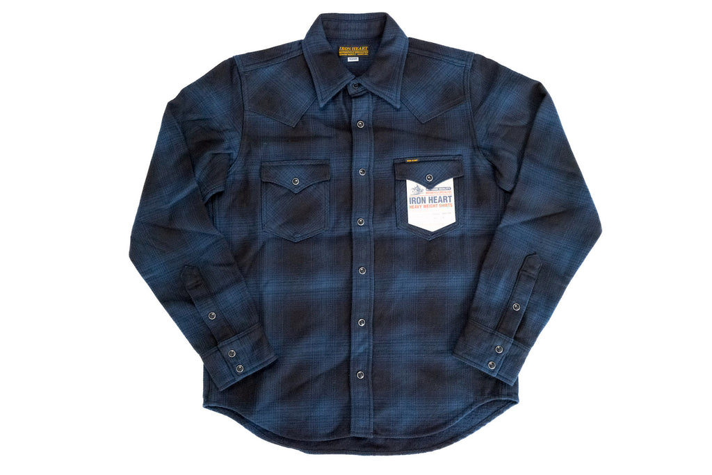 IRON HEART 14OZ ULTRA-HEAVY CLASSIC CHECK FLANNEL WESTERN SHIRT (MIDNIGHT NAVY)