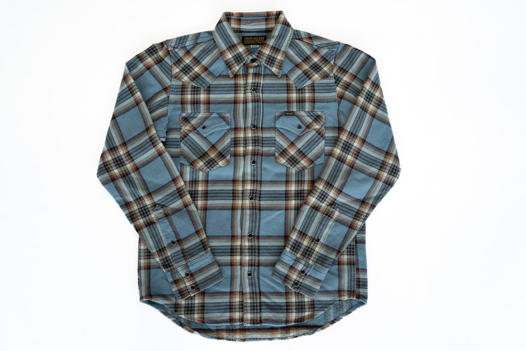 Iron Heart 14oz '20th Anniversary' Ultra-Heavy Classic Check Flannel Western Shirt (Sax Blue)