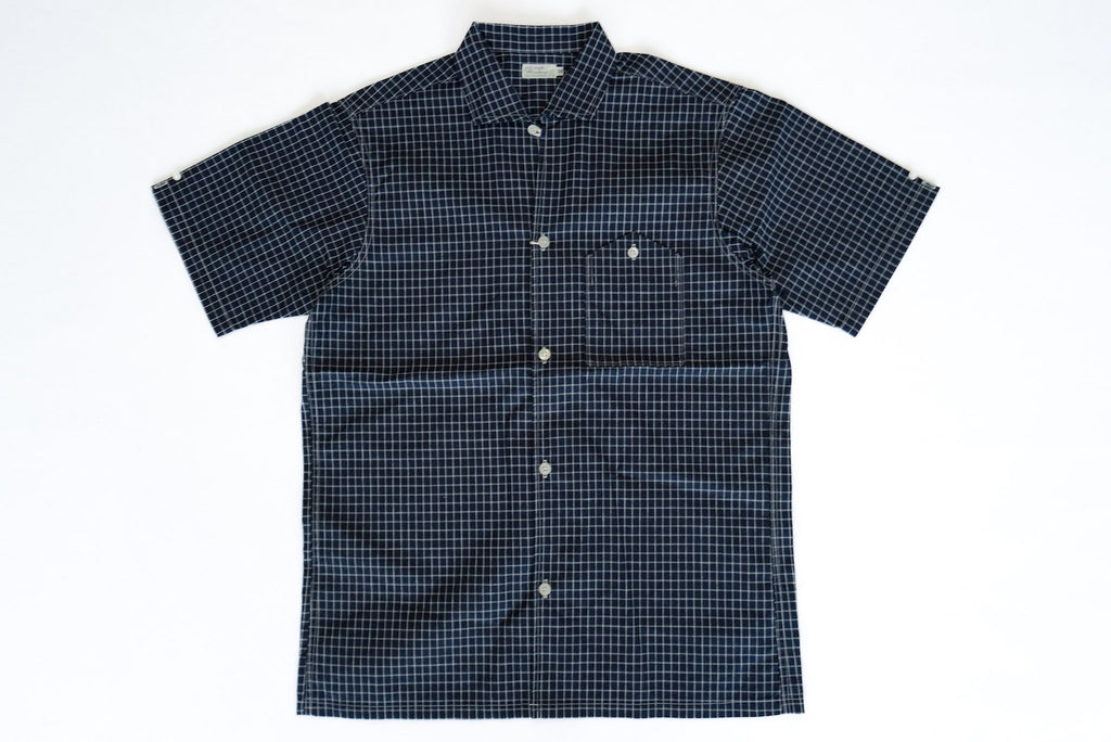 WAREHOUSE 9OZ INDIGO CHECK CHAMBRAY S/S OPEN COLLAR SHIRT