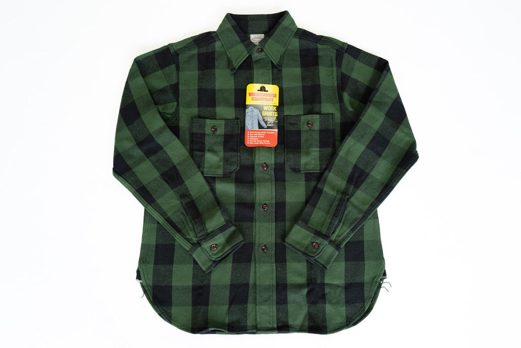 WAREHOUSE 11OZ TYPE A SELVAGE FLANNEL WORKSHIRT (GREEN)