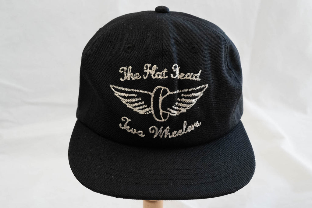 THE FLAT HEAD 10OZ DENIM "WHEELS" TRUCKER CAP (BLACK)