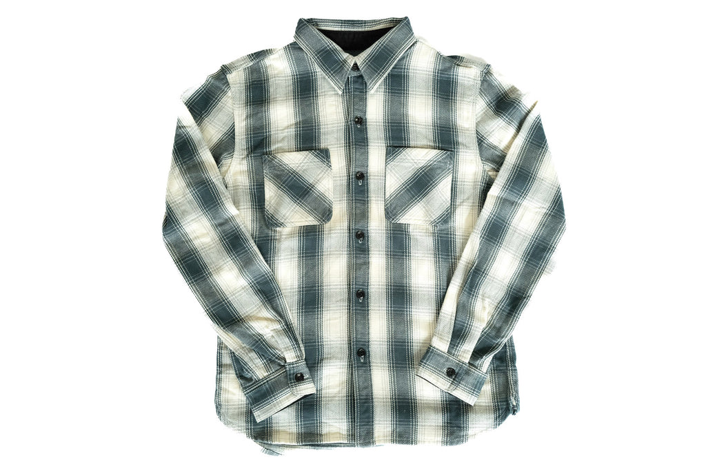 THE FLAT HEAD 11OZ OMBRE CHECK SELVAGE FLANNEL WORKSHIRT (IVORY)