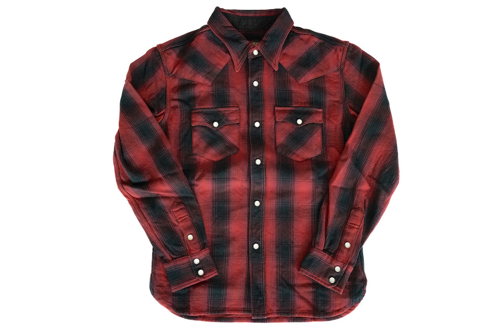 THE FLAT HEAD 11OZ OMBRE CHECK SELVAGE FLANNEL WESTERN SHIRT (BURGUNDY)