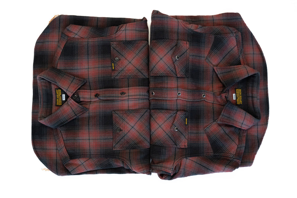 IRON HEART 14OZ ULTRA-HEAVY CLASSIC CHECK FLANNEL SHIRT (BURGUNDY)