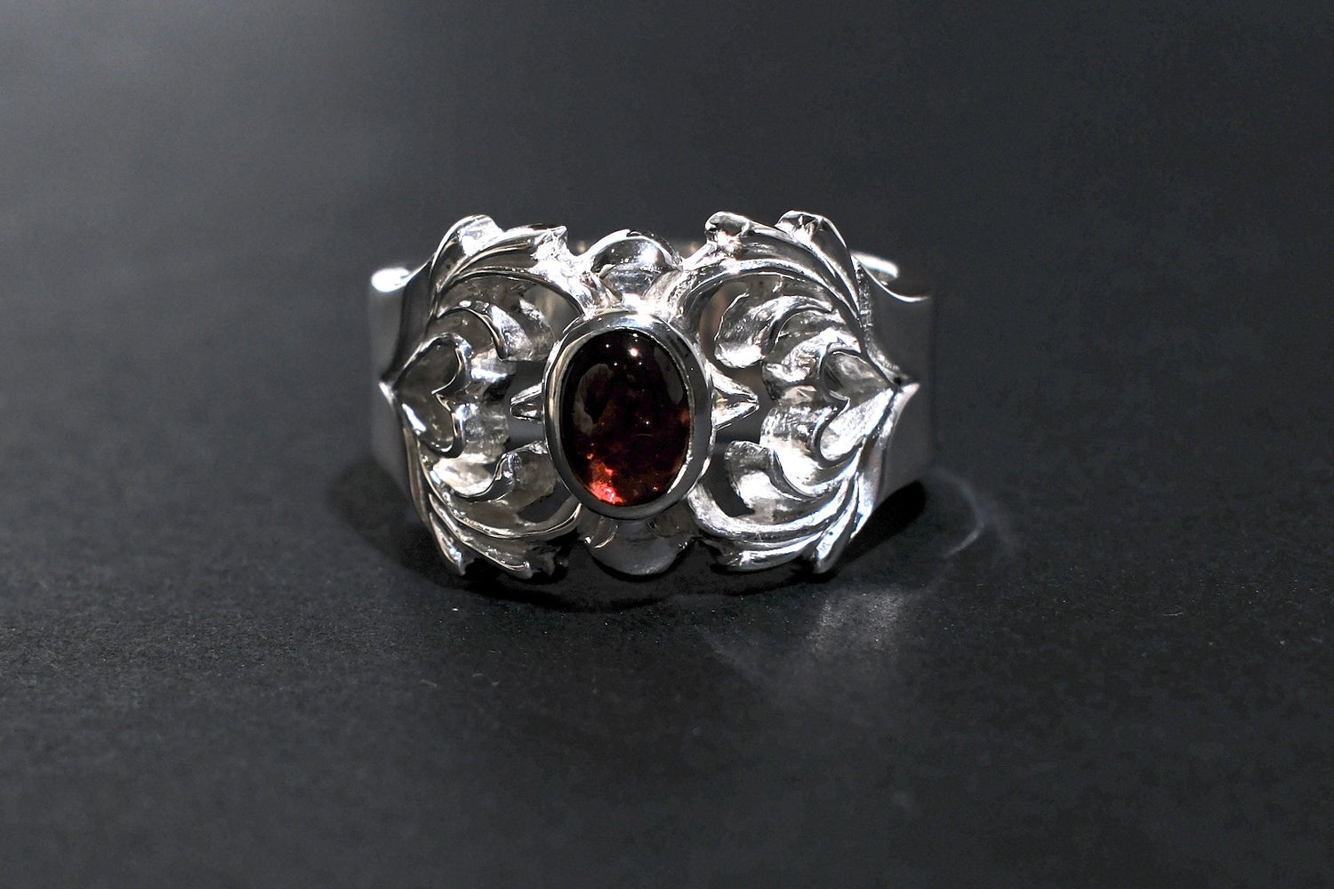 Legend Size Small "Aligned Hearts" Ring With Red Garnet