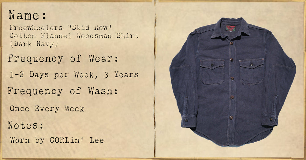 FILE 032: Freewheelers "Skid Row" Cotton Flannel Woodsman Shirt (Dark Navy) -- 3 Years of Wear.