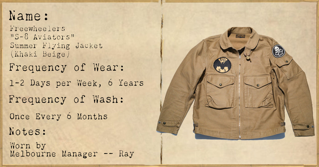 FILE 026: Freewheelers "S-8 Aviators" Summer Flying Jacket (Khaki Beige) -- 6 Years of Wear.