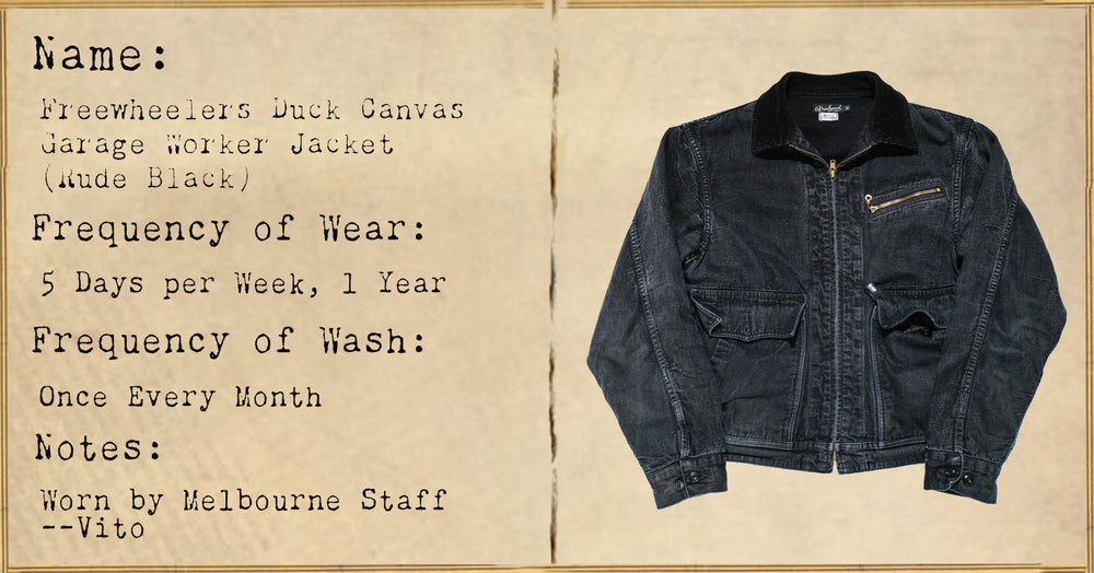 FILE 038: Freewheelers Duck Canvas Garage Worker Jacket (Rude Black) -- One Year of Wear