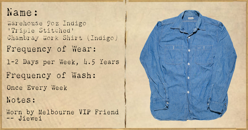 FILE 044: Warehouse Co. 9oz Indigo "Triple Stitched"Chambray Work Shirt -- 4.5 Years of Wear