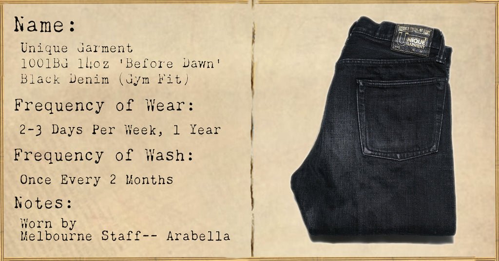 FILE 007:Unique Garment 1001BG 14oz 'Before Dawn' Black Denim -- 1 Year of Wear