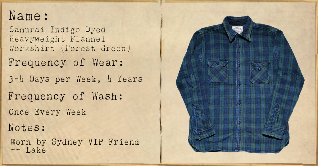 FILE 041: Samurai Indigo Dyed Heavyweight Flannel Workshirt (Forest Green) -- 4 Years of Wear