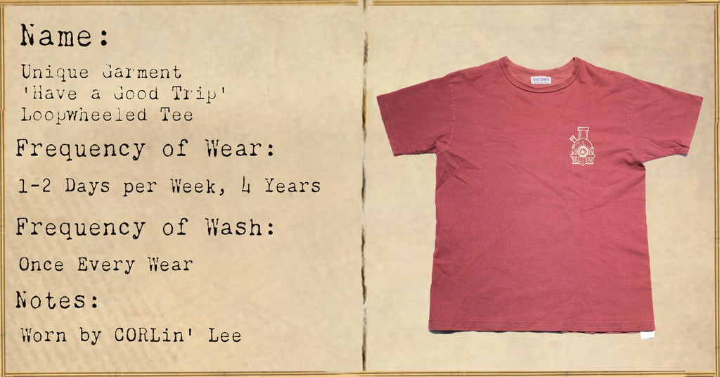 FILE 023: Unique Garment 'Have A Good Trip' Loopwheeled Tee (Burgundy) -- 4 Years of Wear