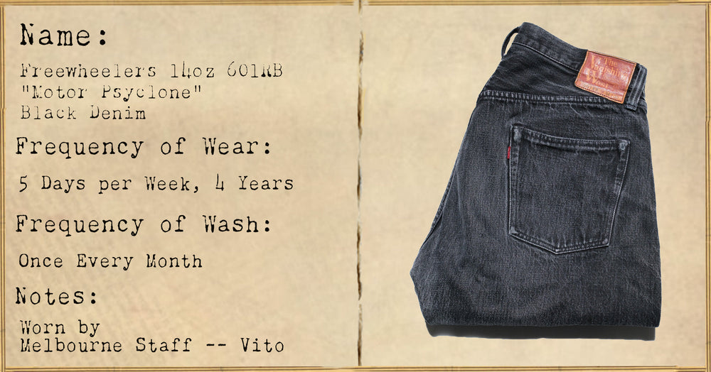 FILE 022:Freewheelers 14oz 601RB "Motor Psyclone" Black Denim -- 4 Years of Wear